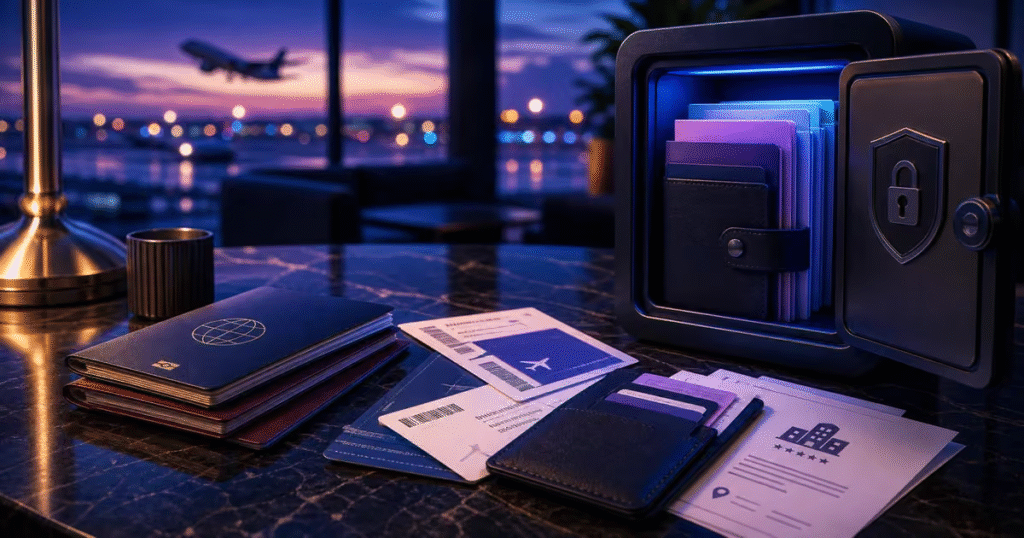 Smart travel packing with luggage and essential travel items